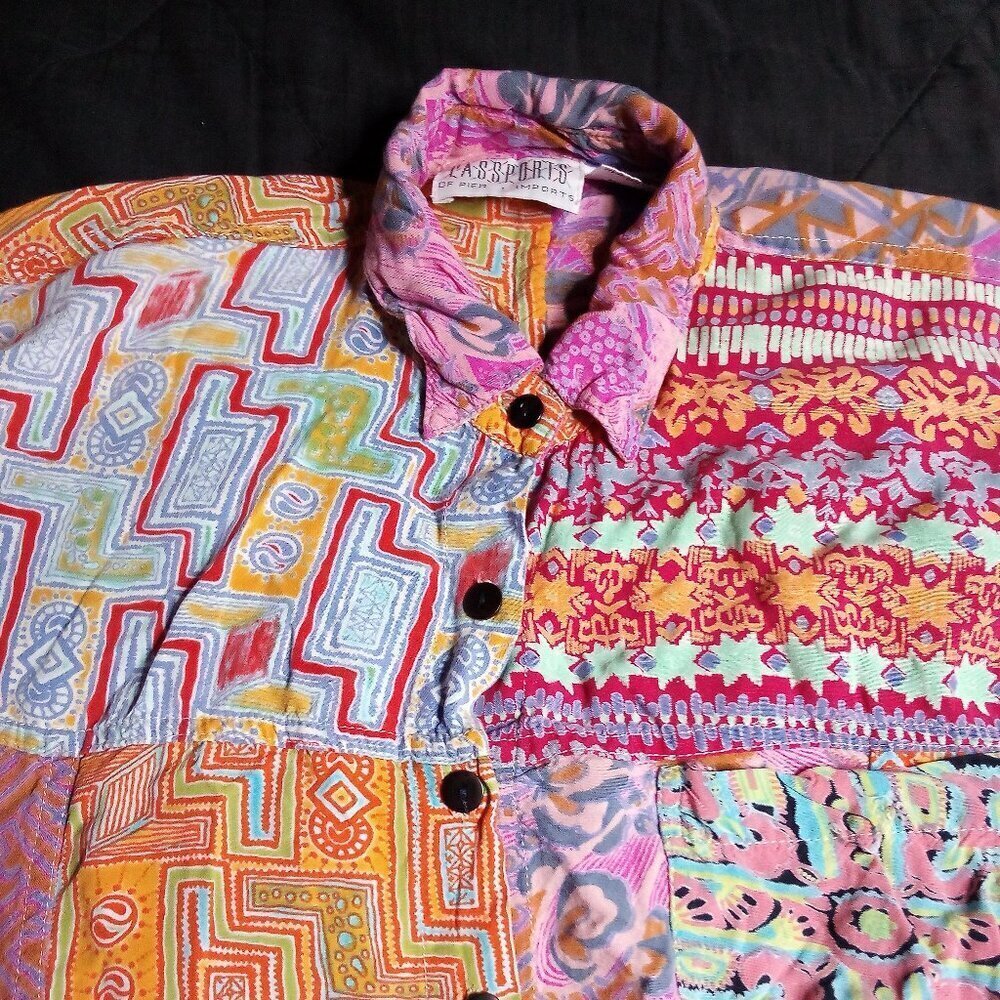 Vintage Passports Pier 1 Imports Neon Patchwork Madras Festival Hawaiian Shirt